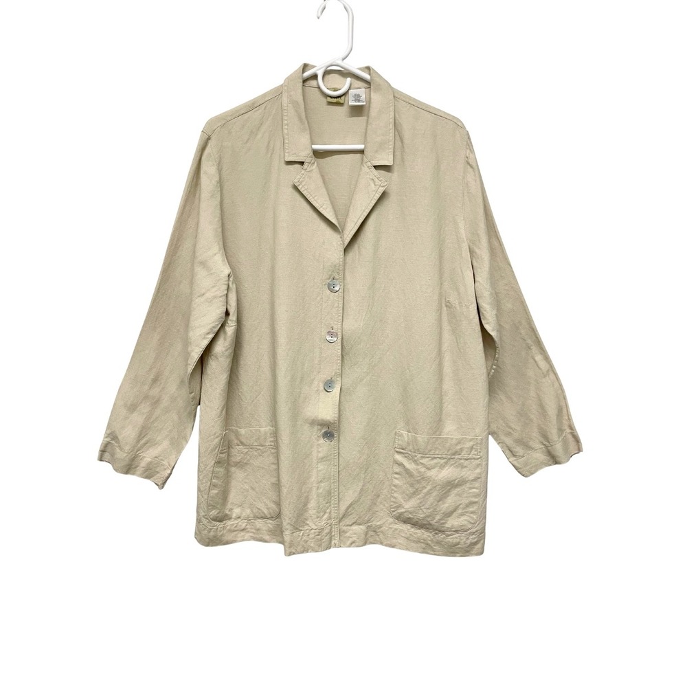 Islander Linen Blend Women's Button Front Utility Jacket Top Beige Neutral Sz 1X
